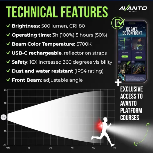 Vista 4 de Luz de pecho Avanto PRO, Original, Recargable por USB-C, Luces de correr para corredores, 500lm de haz ajustable, 3-5h de tiempo de uso, Linternas