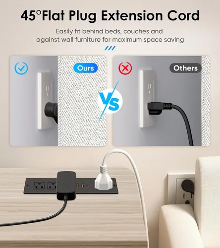 Vista 3 de Regleta de alimentación empotrada con PD 20W USB-C, salida de cajón empotrada, 4 tomas de corriente y 3 puertos USB, regleta de alimentación