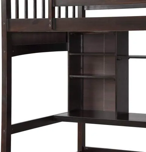 Vista 7 de Mera Cama tipo loft individual con escritorio, cama tipo loft de madera maciza con estantes (expreso)