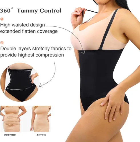 Vista 3 de FeelinGirl Tanga moldeadora para mujer, con control de abdomen, cintura alta, sin costuras, con correas
