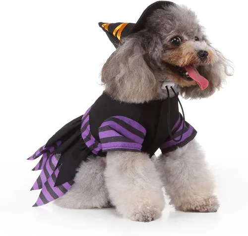 Vista 4 de Yoption Disfraz de bruja para perro y gato con sombrero mágico, talla S