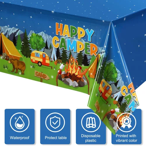 Vista 4 de Tegeme Mantel de plástico con temática de fogata y bosque, 1 pieza, para campamento, fiesta, suministros de decoración