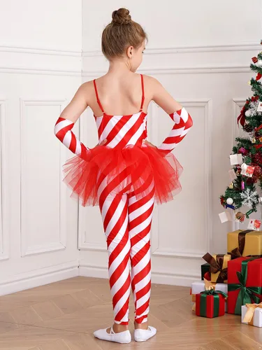Vista 4 de Traje de baile de Navidad para niñas y niñas, ballet, gimnasia, leotardo de baile, bastón de caramelo, rayas