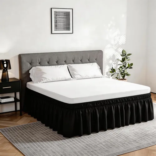 Vista 4 de Vocander Falda de cama negra envolvente de tamaño individual de 14 pulgadas de caída, volantes elásticos fáciles de poner, falda de cama sólida