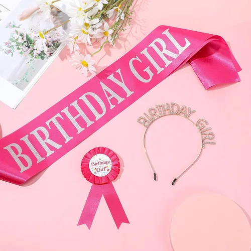 Vista 6 de Geosar Juego de corona y disfraz de cumpleaños para niña, medalla de cinta, diadema de diamantes de imitación dorados, regalos para mujeres, niños