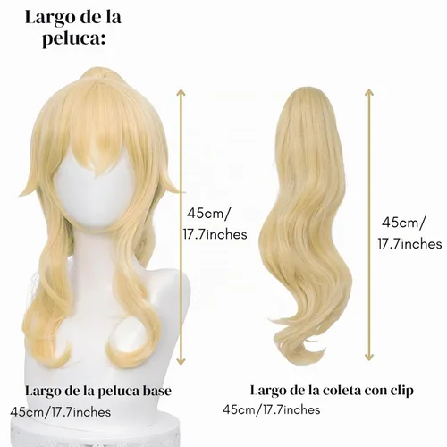 Vista 2 de SL Peluca de cola de caballo rubia ondulada para cosplay de Jean, pelucas de princesa dorada con colas de caballo, flequillos + gorra de peluca