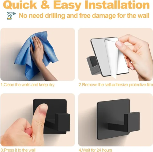 Vista 2 de PMMASTO Ganchos adhesivos para toallas, paquete de 2 ganchos de pared de aluminio, gancho de ducha para baño, dormitorio y cocina, color negro