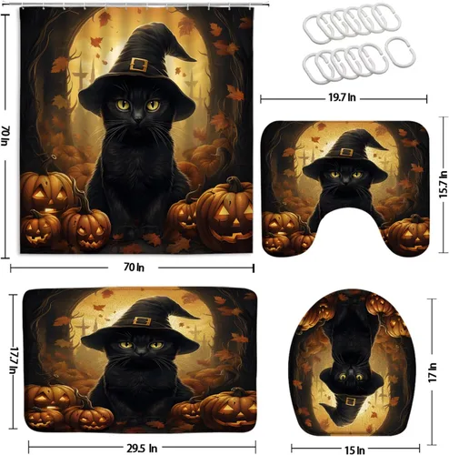Vista 2 de Juego de 4 cortinas de ducha de gato negro para Halloween, otoño, calabaza, animales divertidos, sombrero mágico, feliz día festivo, día de todos