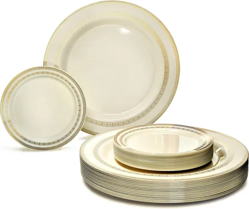 Vista 18 de Occasions" - Juego de 125 piezas (25 invitados) - Platos y cubiertos de plástico para boda, vajilla pesada desechable de 10.5 pulgadas, 6.25