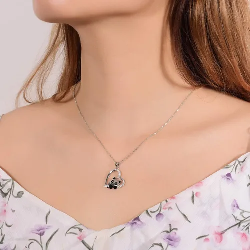 Vista 6 de ACJNA 925 Sterling Silver Panda Bear Necklace Bamboo Heart Pendant Engraved I love You Forever Women Jewelry