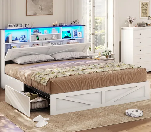 Vista 16 de VIAGDO Bastidor de cama estilo granja tamaño completo con cabecero de almacenamiento tipo librero, estación de carga y luces LED, bastidor de cama