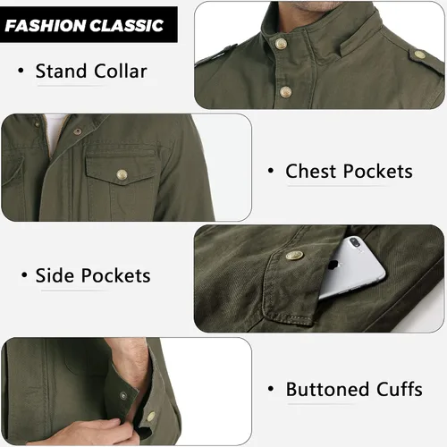 Vista 3 de Chaqueta militar para hombre, casual, de algodón, ligera, rompevientos con capucha extraíble