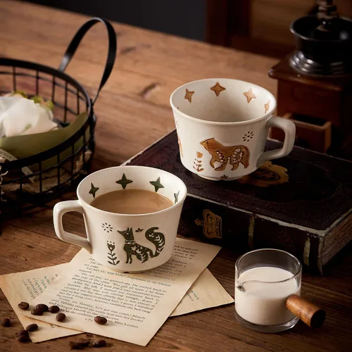 Vista 2 de Juego de 4 tazas de café de cerámica vintage de 12 onzas - Hechas a mano de gres cerámico de campo, estilo granja, para té de otoño con gran asa