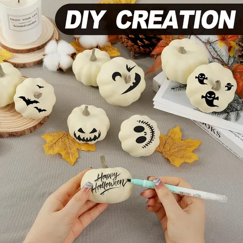 Vista 3 de Artgar Decoración de Calabaza - Calabaza Blanca - Juego de 10 Mini Calabazas de Cosecha - Calabazas de Espuma Beige para Decoración del Hogar DIY