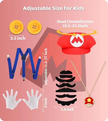 Vista 6 de PIIDUOO Mario Costume for Kids Halloween - Super Bros Mario Hat Mustaches Gloves Costumes Accessories for Boys Girls Cosplay
