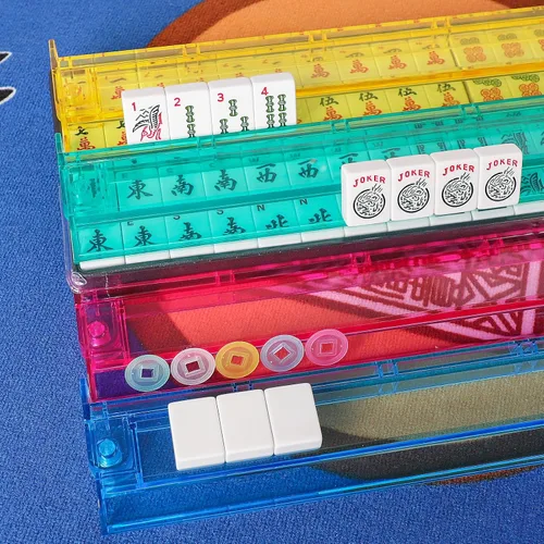 Vista 7 de Juego de Mahjong Americano GUSTARIA, 166 Azulejos Blancos Premium, 4 Estantes/Empujadores de Color Todo-en-Uno, Juego de Mahjong Completo con Bolsa