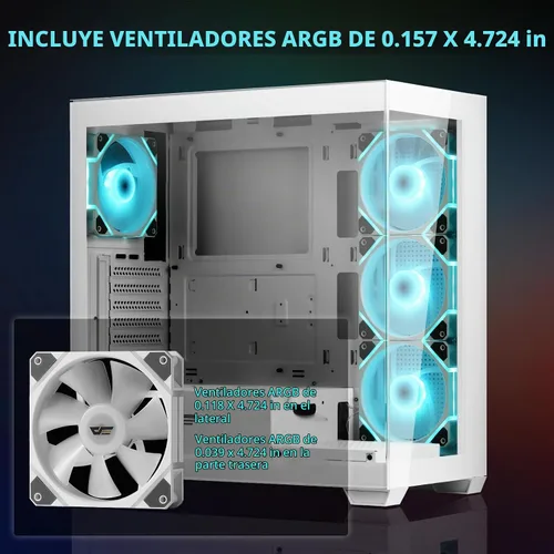 Vista 4 de darkFlash Carcasa ATX de media torre para PC, preinstala 4 ventiladores PWM ARGB, carcasa de computadora para juegos de vidrio templado doble Blanco