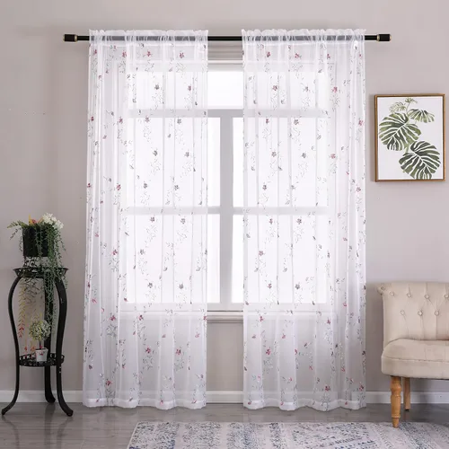 Vista 23 de Taisier Home Cortinas Traslúcidas Blancas Florales con Estampado de Flores y Bordado de Enredaderas para Dormitorio, Cortina con Bolsillo