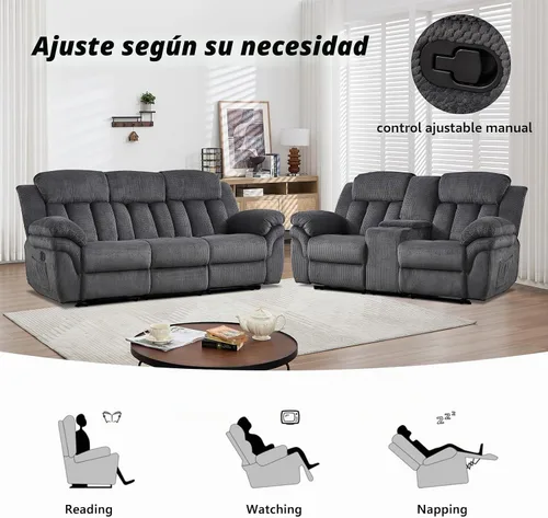 Vista 3 de CANMOV Juego de sofá reclinable, sofá biplaza reclinable manual y sofá de 3 plazas con reposabrazos sobrerelleno para sala de estar, muebles de Gris