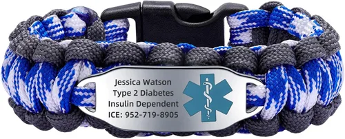 Vista 52 de Pulsera de alerta médica Paracord para hombres y mujeres Pulsera de identificación médica de acero inoxidable con hebillas de liberación lateral