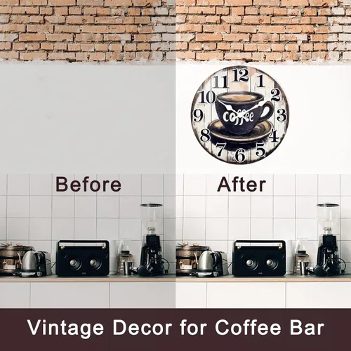 Vista 5 de Reloj de pared vintage con letrero de café para cocina, estilo rústico, funciona con pilas, para cocina/cafetería/comedor/hogar (12 pulgadas)