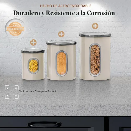 Vista 7 de Moss & Stone Juego de recipientes de 3 piezas beige para la cocina, juego de recipientes herméticos con ventana transparente, tarros