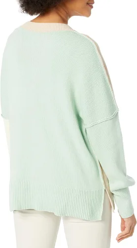 Vista 2 de Suéter de gran tamaño para mujer, cuello redondo, manga murciélago, abertura lateral, suéter de punto acanalado