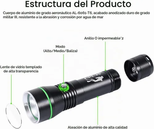 Vista 2 de APLOS AP30 3000lm linterna de buceo con 3 modos, indicador de alimentación, IPX8 impermeable profesional buceo luz