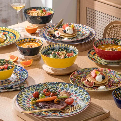 Vista 7 de Henten Home Juego de 6 cuencos pequeños para postre, juego de cuencos de arroz de cerámica de 12 onzas, cuencos coloridos de porcelana para Bohemio