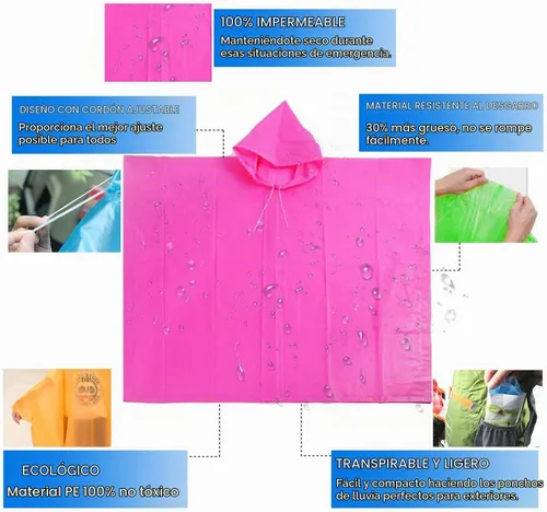 Vista 4 de Ponchos de lluvia desechables para niños y niñas, impermeable multicolor, paquete de 4