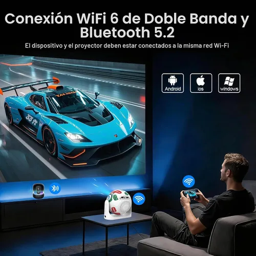 Vista 7 de Mini proyector con WiFi y Bluetooth, proyector de películas para techo