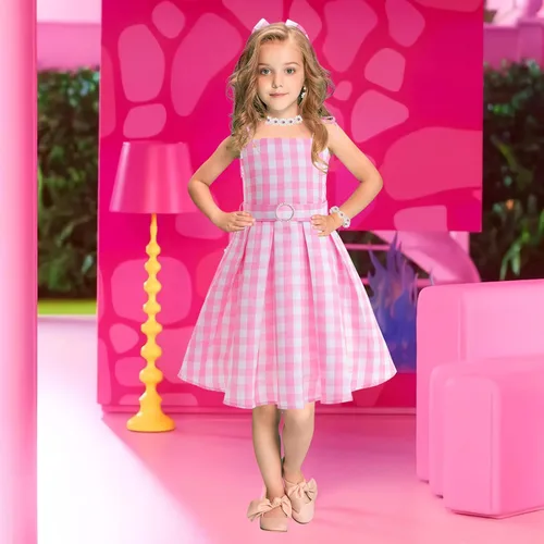 Vista 2 de Vestido de disfraz rosa para niñas, disfraz de película de cosplay, disfraz de fiesta de Halloween con accesorios
