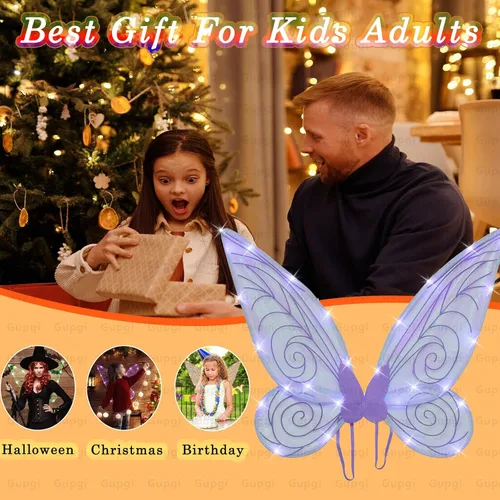 Vista 5 de Alas de hadas iluminadas para niñas, alas brillantes y transparentes, mariposa, hada, Halloween, alas de ángel, para niños y adultos