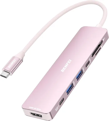Vista 8 de BENFEI Concentrador USB C 7 en 1 con HDMI (4K@60Hz), 2 USB-A, 1 USB-C de datos, carga de 100W, lector de tarjetas SD/TF, cable sin enredos