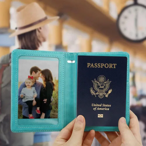 Vista 3 de Soporte para pasaporte y tarjetero de vacuna, cartera para pasaporte, funda para pasaporte con bloqueo RFID, Azul lago, Compacto