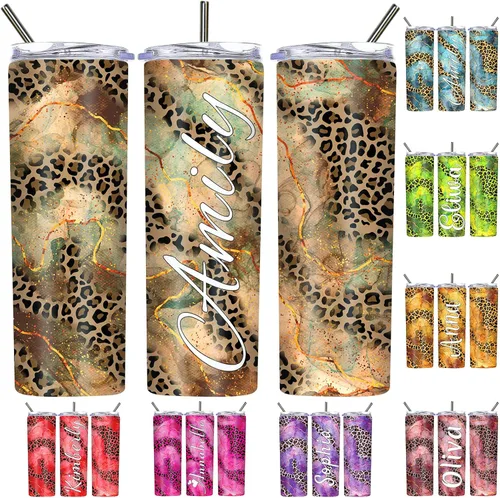 Vista 18 de Vasos personalizados con estampado de leopardo con tapas y pajitas, vasos delgados personalizados de 20 onzas con nombres para mujeres y hombres