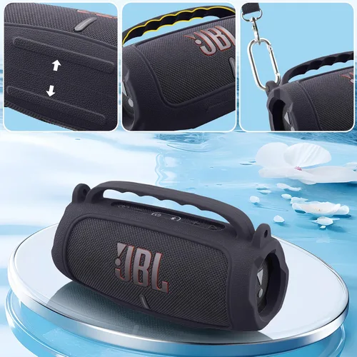 Vista 5 de Funda de silicona compatible con JBL Charge 5 Altavoz Bluetooth portátil impermeable (Cubierta de silicona negra)