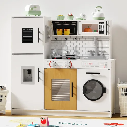 Vista 8 de Babytronic Juego de cocina de madera para niños, cocina de juego interactiva con luces y sonidos, juego de cocina de juguete para niños con grifo