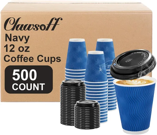 Vista 9 de Clawsoff Paquete de 100 tazas de café con tapas, de 8 onzas, desechables, aisladas, onduladas, para bebidas frías/calientes, oficina, hogar, tienda