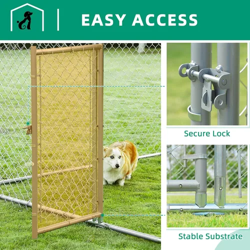 Vista 5 de VIVIJASON Perrera grande para perros al aire libre, jaula de valla resistente para mascotas con cadena galvanizada, caja para mascotas con techo