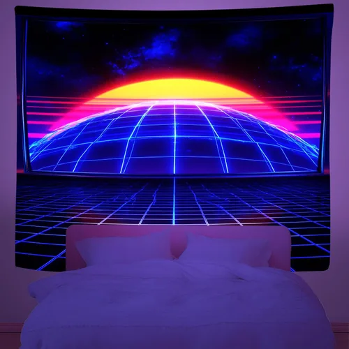 Vista 2 de Zpryzmia Blacklight Retro Synthwave Tapestry, Neon Starry Sunset Tapestry Glow In the Dark Wall Hanging, UV Reactive Geometric Grid Tapestries Room
