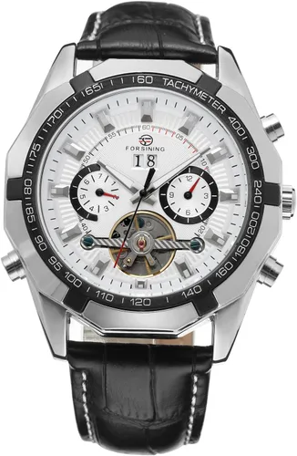 Vista 6 de Forsining Reloj automático original de cuerda automática Tourbillion calendario correa de cuero FSG340M3T2 para hombre, Blanco y plateado