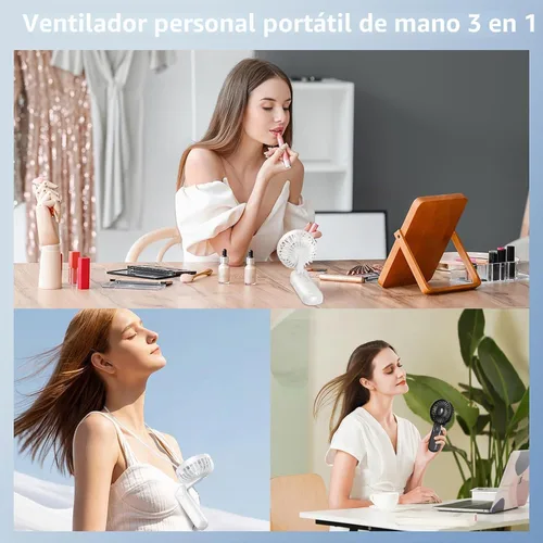 Vista 5 de Ventilador portátil, paquete de 2 ventiladores de mano, ventilador de mano plegable de 180° con cordón, ventilador personal pequeño de 5 velocidades