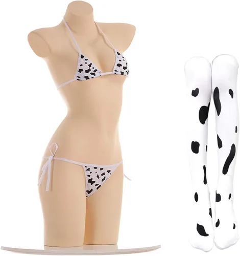 Vista 2 de Disfraz de cosplay de anime sexy mini vaca bikini conjunto de lencería de sirvienta, traje de baño de leopardo leche dálmata