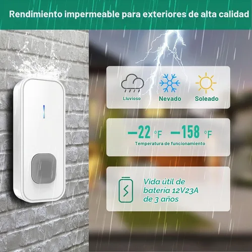 Vista 5 de SURFOU Timbre inalámbrico, impermeable, fácil instalación - alcance de 1300 pies, 55 tonos, 5 niveles de volumen ajustables - flash LED