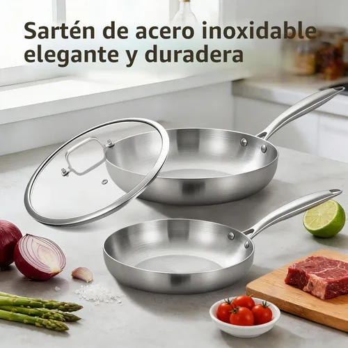 Vista 2 de Inqibee Juego de sartenes de acero inoxidable 8.5-10 con tapa, mango