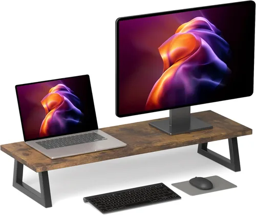 Vista 9 de TEAMIX Elevador de monitor doble de 31.5 pulgadas, soporte largo negro para monitor, soporte de TV ancho para 2 monitores, soporte de escritorio