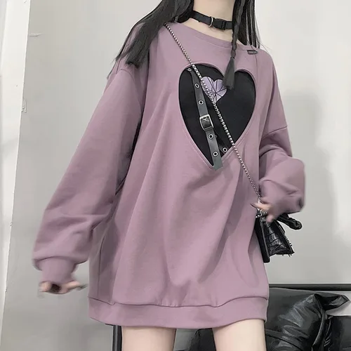 Vista 4 de YEMOCILE Women's Harajuku Kawaii Crew Neck Sweatshirt Oversized Japanese Style Gothic Heart Hollow Tops Pullover