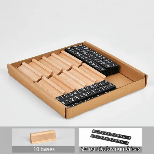 Vista 5 de 10 juegos/caja de exhibición de precios Soporte de mostrador de precio de madera, cubo digital con número de letra, etiqueta de precio ajustable