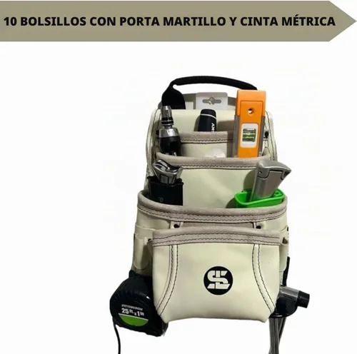 Vista 3 de Versátil bolsa de herramientas de cuero de grano superior de 10 bolsillos con martillo y soporte de cinta, accesorio para cinturón, ideal